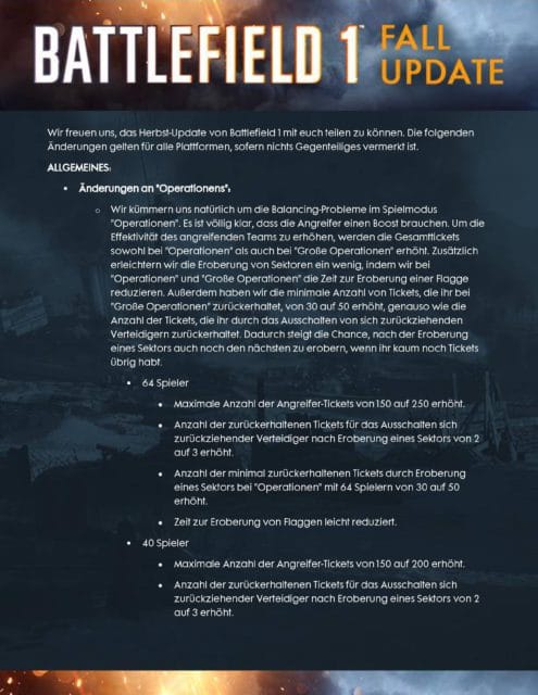 Battlefield 1 Patch hat ein 16 Seiten langes Changelog 1 file page1