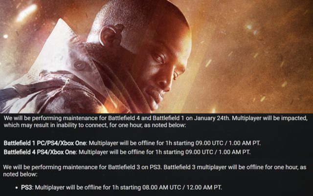 DICE hat kurzfristig umfangreiche Wartungsarbeiten an verschiedenen Battlefield Titeln angekündigt. 